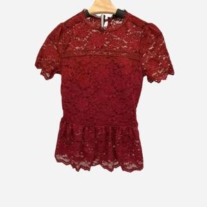 Sweet Wanderer Red Lace Peplum Top Mock Neck Short Sleeve Women Size S